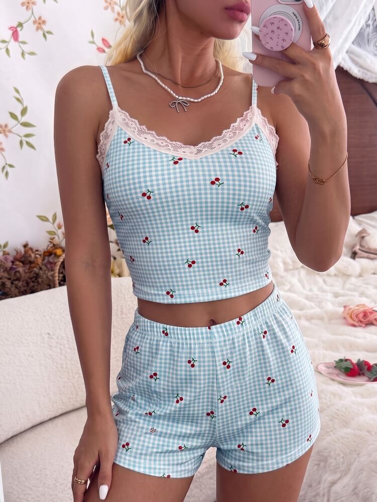CottageSlumber Women's Lace Trim V-Neck Cherry Yellow Small Checkered Print Camisole & Shorts Pajama Set - Blue - View 1