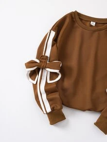SHEIN Elladie kids 青少年女孩秋季服飾 蝴蝶結條紋袖圓領衛衣 休閒純色落肩套頭上衣 - 棕色 - 查看 9