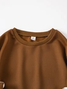 SHEIN Elladie kids 青少年女孩秋季服飾 蝴蝶結條紋袖圓領衛衣 休閒純色落肩套頭上衣 - 棕色 - 查看 7