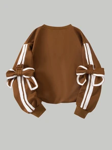 SHEIN Elladie kids 青少年女孩秋季服飾 蝴蝶結條紋袖圓領衛衣 休閒純色落肩套頭上衣 - 棕色 - 查看 3