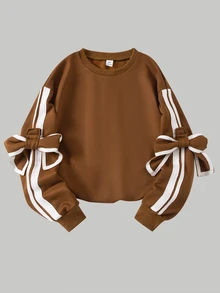 SHEIN Elladie kids 青少年女孩秋季服飾 蝴蝶結條紋袖圓領衛衣 休閒純色落肩套頭上衣 - 棕色 - 查看 6