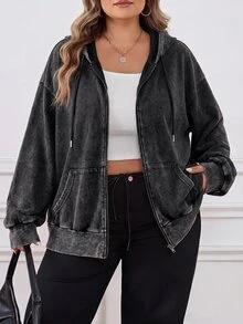 SHEIN CURVE+ 大尺碼前開襟拉鍊式水洗布料長袖運動衫 凱莉綠 休閒 90年代套頭衫 女款萬聖節裝扮 秋季度假 - 黑色 - 查看 7