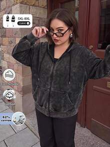 SHEIN CURVE+ 大尺碼前開襟拉鍊式水洗布料長袖運動衫 凱莉綠 休閒 90年代套頭衫 女款萬聖節裝扮 秋季度假 - 黑色 - 查看 9
