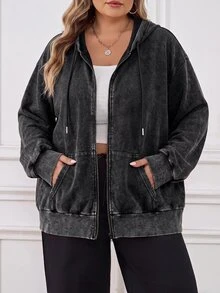 SHEIN CURVE+ 大尺碼前開襟拉鍊式水洗布料長袖運動衫 凱莉綠 休閒 90年代套頭衫 女款萬聖節裝扮 秋季度假 - 黑色 - 查看 3