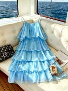 GlowEve CURVE Plus Size Women V-Neck Layered Ruffle Mesh Dress, Light Blue, Summer, Elegant, Tropical, Vacation, Holiday, Pleated Hem Cruise Ocean - Blue - View 2