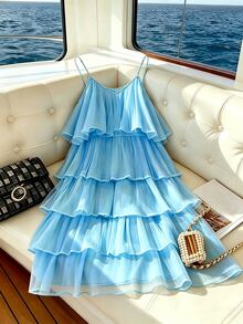 GlowEve CURVE Plus Size Women V-Neck Layered Ruffle Mesh Dress, Light Blue, Summer, Elegant, Tropical, Vacation, Holiday, Pleated Hem Cruise Ocean - Blue - View 1
