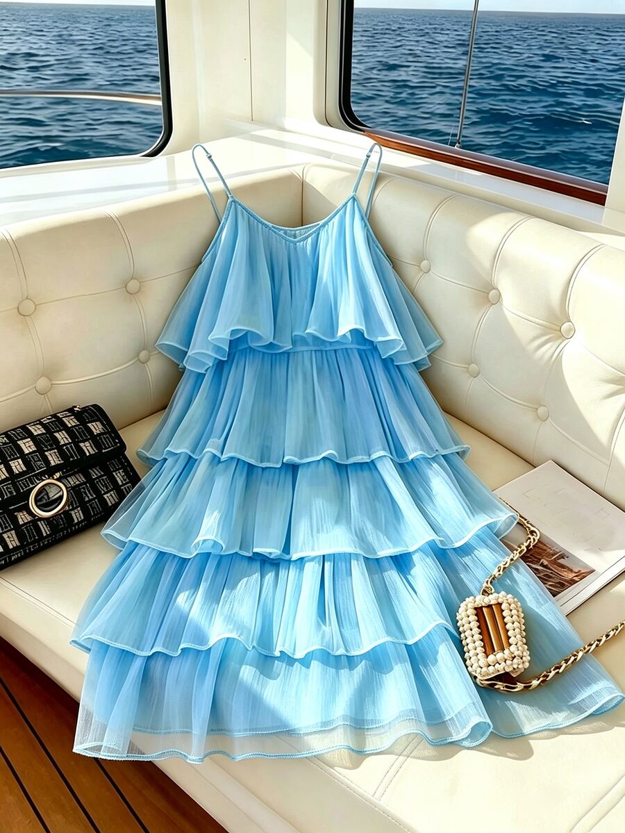 GlowEve CURVE Plus Size Women V-Neck Layered Ruffle Mesh Dress, Light Blue, Summer, Elegant, Tropical, Vacation, Holiday, Pleated Hem Cruise Ocean - Blue - View 1