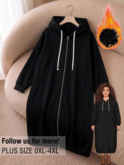 Rusticease Plus Size Women Solid Color Long Sleeve Zipper Front Drawstring Hooded Sweatshirt Jacket