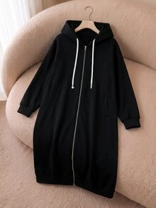Rusticease Plus Size Women Solid Color Long Sleeve Zipper Front Drawstring Hooded Sweatshirt Jacket - Black - View 4