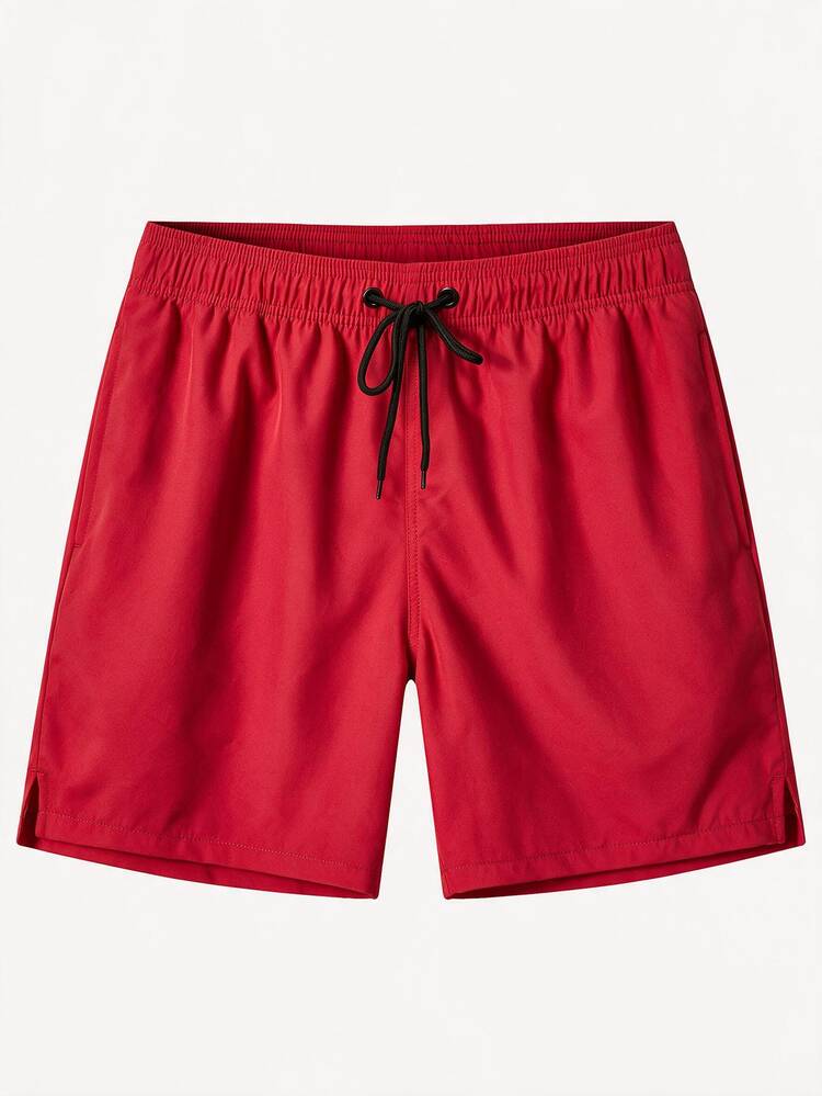 Manfinity KASUA Men's Solid Color Drawstring Waist Pocket Casual Beach Shorts Men Red Swim Trunks Men Swim Shorts Men Red Swim Shorts, Holiday - Red - View 3