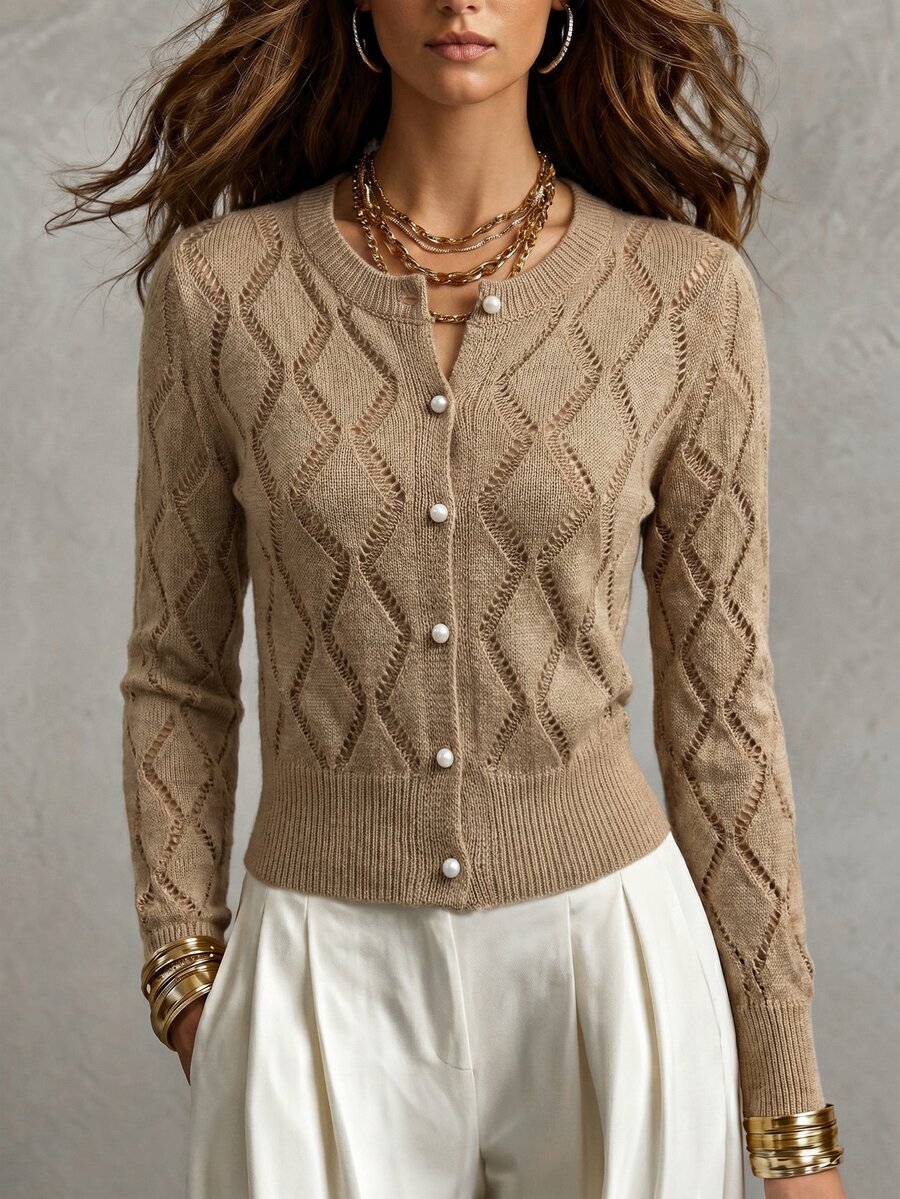 SHEIN Pearl Button Hollow Knit Cardigan, French Vintage Argyle Crop Top, Slim Fit Outerwear Sweater For Spring And Autumn - Khaki - View 1