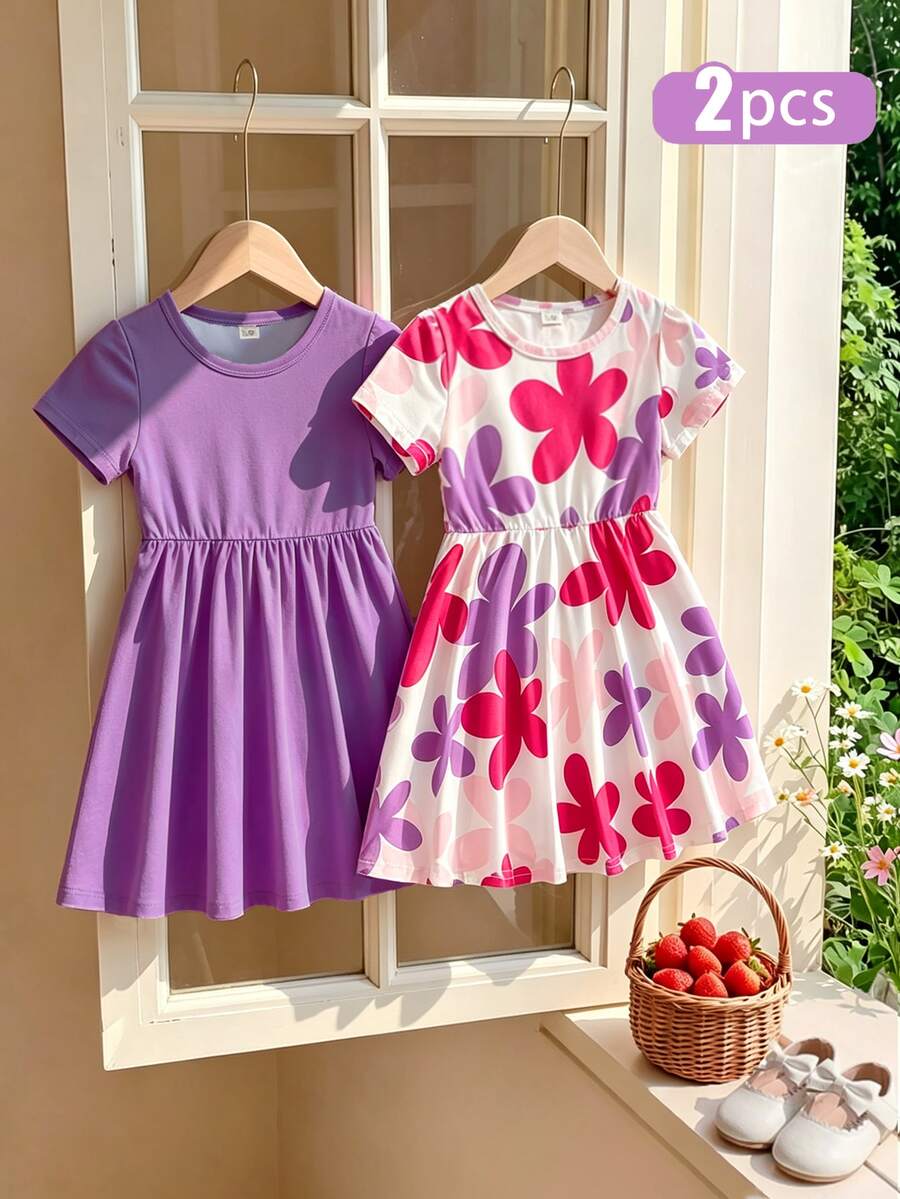 SHEIN Elladie kids 女童短袖洋裝 紫色花卉印花仙女公主風 7歲生日幼兒園開學服裝 度假穿搭 夏季彩虹 - 彩色 - 查看 1