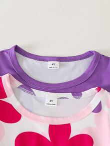 SHEIN Elladie kids 女童短袖洋裝 紫色花卉印花仙女公主風 7歲生日幼兒園開學服裝 度假穿搭 夏季彩虹 - 彩色 - 查看 4