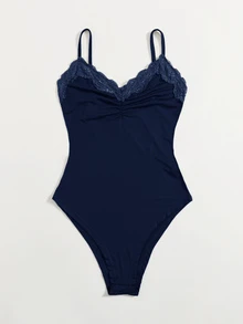 SHEIN Essnce Bodysuit Wanita Ukuran Besar untuk Musim Panas, Kasual, Warna Polos, dengan Hiasan Renda - Navy Blue - View 3
