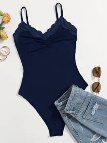 SHEIN Essnce Bodysuit Wanita Ukuran Besar untuk Musim Panas, Kasual, Warna Polos, dengan Hiasan Renda - Navy Blue - View 1