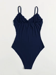 SHEIN Essnce Bodysuit Wanita Ukuran Besar untuk Musim Panas, Kasual, Warna Polos, dengan Hiasan Renda - Navy Blue - View 2