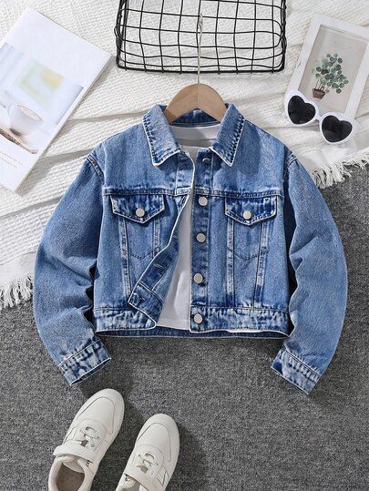 Sparklyn Tween Girls Y2K Casual Tom Boy Style Denim Jacket, Spring/Autumn/Winter, Blue Denim With Pearl Embellishments, Fitted Cut, School Back-To-School