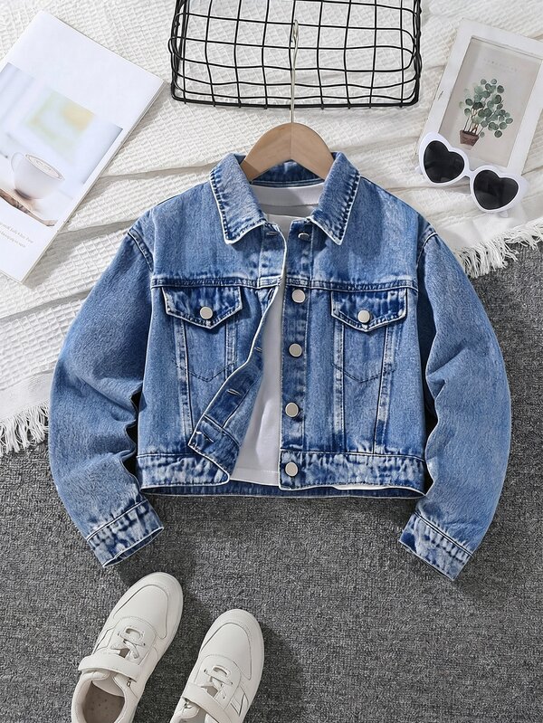 Sparklyn Tween Girls Y2K Casual Tom Boy Style Denim Jacket, Spring/Autumn/Winter, Blue Denim With Pearl Embellishments, Fitted Cut, School Back-To-School