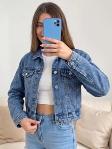 Sparklyn 青少年女孩 Y2K 休閒中性風牛仔夾克，春秋冬季款，淺藍色牛仔布珍珠裝飾，修身剪裁，校園日常穿搭 - 中等水洗藍 - 查看 4