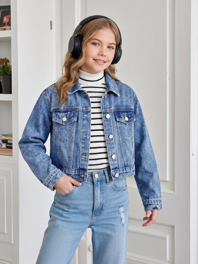 Sparklyn Tween Girls Y2K Casual Tom Boy Style Denim Jacket, Spring/Autumn/Winter, Blue Denim With Pearl Embellishments, Fitted Cut, School Back-To-School