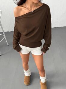SHEIN EZwear Women's Casual Solid Color Asymmetrical Collar Sweatshirt Going Out Dark Brown Autumn - Brown - View 4