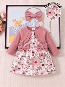 SHEIN 2pcs Newborn Baby Girl A-Line Dress Cute Dusty Pink Floral Rabbit Ruffle Bow Long Sleeve Round Neck Regular Party Autumn First Birthday Princess Chic - Multicolor - View 6