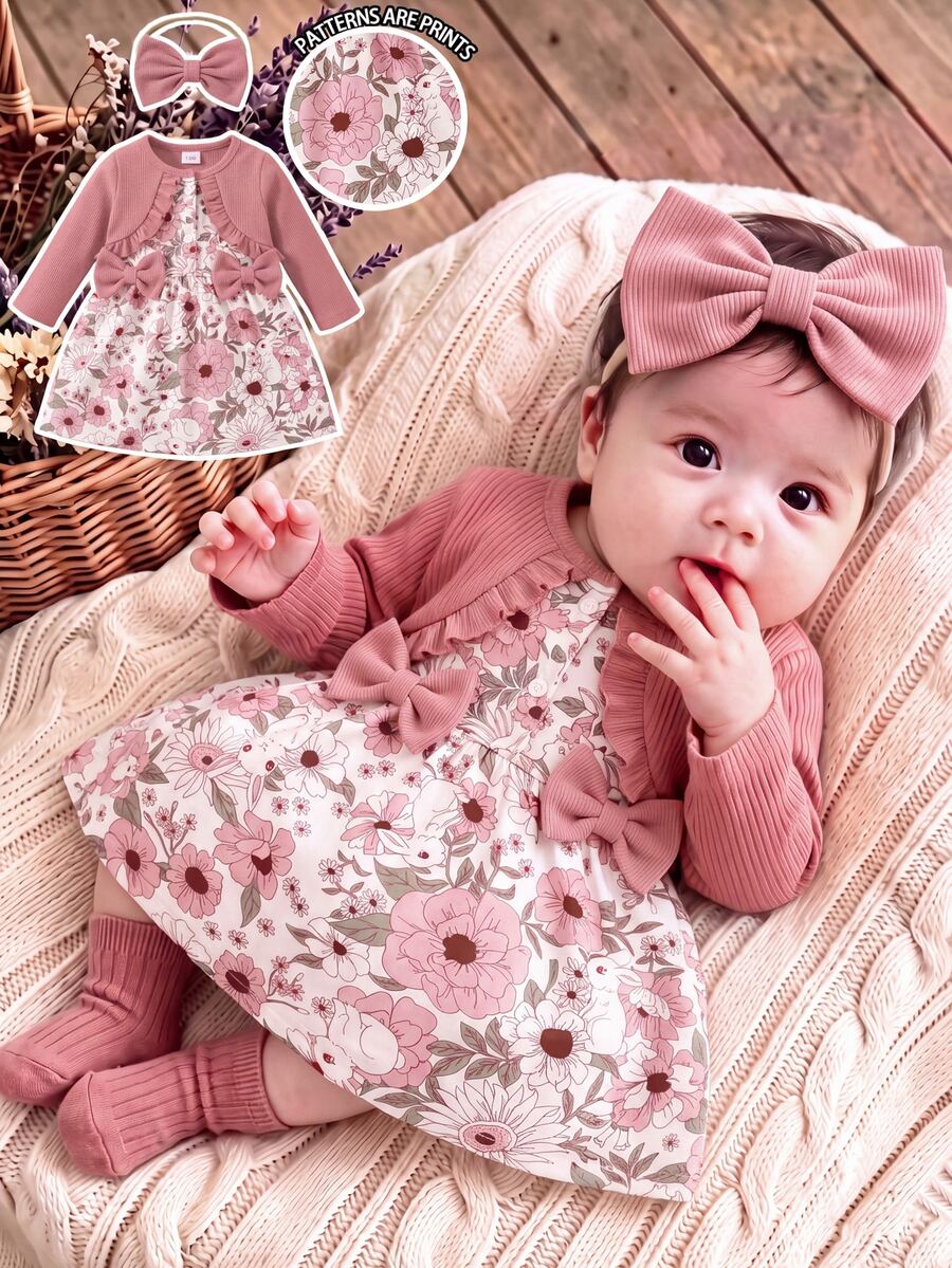 SHEIN 2pcs Newborn Baby Girl A-Line Dress Cute Dusty Pink Floral Rabbit Ruffle Bow Long Sleeve Round Neck Regular Party Autumn First Birthday Princess Chic