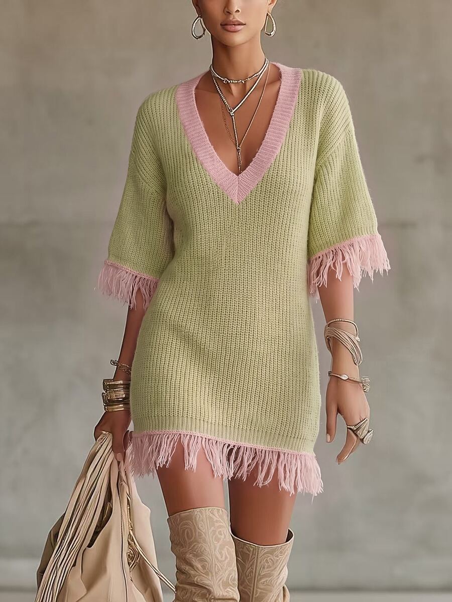 Glimmora European And American Casual Color Block V-Neck Tassel Mid-Sleeve Loose Slouchy Knit Dress - Multicolor - View 1
