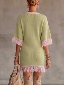 Glimmora European And American Casual Color Block V-Neck Tassel Mid-Sleeve Loose Slouchy Knit Dress - Multicolor - View 2