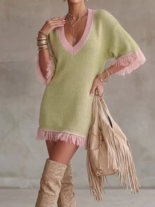 Glimmora European And American Casual Color Block V-Neck Tassel Mid-Sleeve Loose Slouchy Knit Dress - Multicolor - View 4