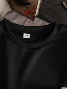 SHEIN Elladie kids 青少年女孩秋季服飾 蝴蝶結條紋袖圓領休閒落肩套頭衛衣上衣 - 黑色 - 查看 4