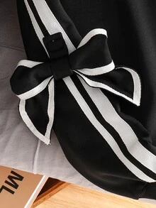 SHEIN Elladie kids 青少年女孩秋季服飾 蝴蝶結條紋袖圓領休閒落肩套頭衛衣上衣 - 黑色 - 查看 6