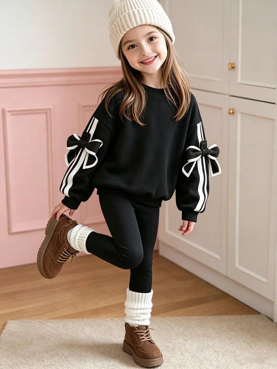 SHEIN Elladie kids 青少年女孩秋季服飾 蝴蝶結條紋袖圓領休閒落肩套頭衛衣上衣