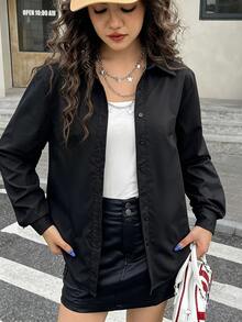 SHEIN 青少年女孩黑色長袖襯衫，春夏秋冬衣物，日常通勤，休閒寬鬆襯衫，度假，優雅，黑色襯衫，返校，百搭黑色襯衫 - 黑色 - 查看 4