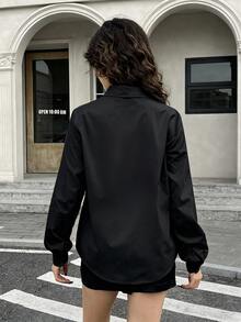 SHEIN 青少年女孩黑色長袖襯衫，春夏秋冬衣物，日常通勤，休閒寬鬆襯衫，度假，優雅，黑色襯衫，返校，百搭黑色襯衫 - 黑色 - 查看 2