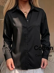 SHEIN 青少年女孩黑色長袖襯衫，春夏秋冬衣物，日常通勤，休閒寬鬆襯衫，度假，優雅，黑色襯衫，返校，百搭黑色襯衫 - 黑色 - 查看 3