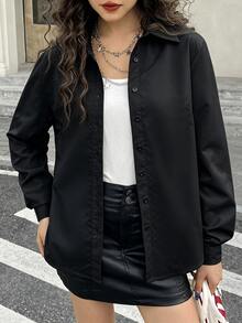 SHEIN 青少年女孩黑色長袖襯衫，春夏秋冬衣物，日常通勤，休閒寬鬆襯衫，度假，優雅，黑色襯衫，返校，百搭黑色襯衫 - 黑色 - 查看 6