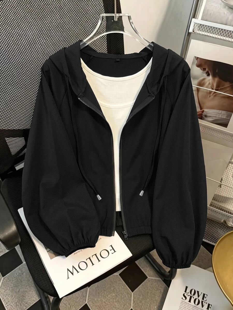 Franclia Women's Spring/Summer Thin Casual Versatile Long Sleeve Hooded Zip-Up Sun Protection Jacket - Black - View 1