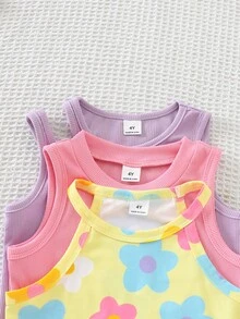 SHEIN Genkimix Kids 4pcs/Set Young Girl Summer Casual Solid Color Camisole Top With Floral & Striped Print Halter Neck Blouse - Multicolor - View 4