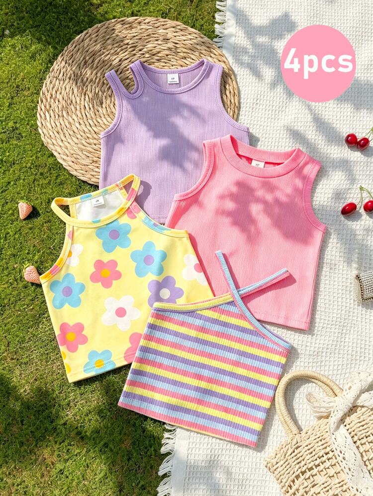 SHEIN Genkimix Kids 4pcs/Set Young Girl Summer Casual Solid Color Camisole Top With Floral & Striped Print Halter Neck Blouse - Multicolor - View 1