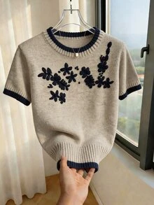SHEIN Franclia 新款休闲宽松碎花甜美复古女式针织毛衣，春秋季 - 卡其色 - 查看 4