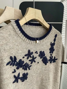 SHEIN Franclia 新款休闲宽松碎花甜美复古女式针织毛衣，春秋季 - 卡其色 - 查看 7