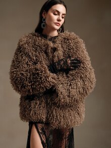 Anewsta Short Fashionable Fluffy Jacket - Brown - View 7