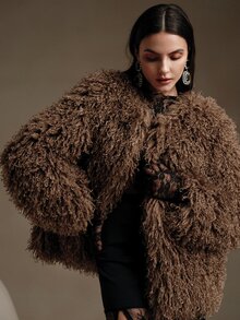 Anewsta Short Fashionable Fluffy Jacket - Brown - View 2