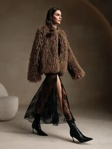 Anewsta Short Fashionable Fluffy Jacket - Brown - View 5