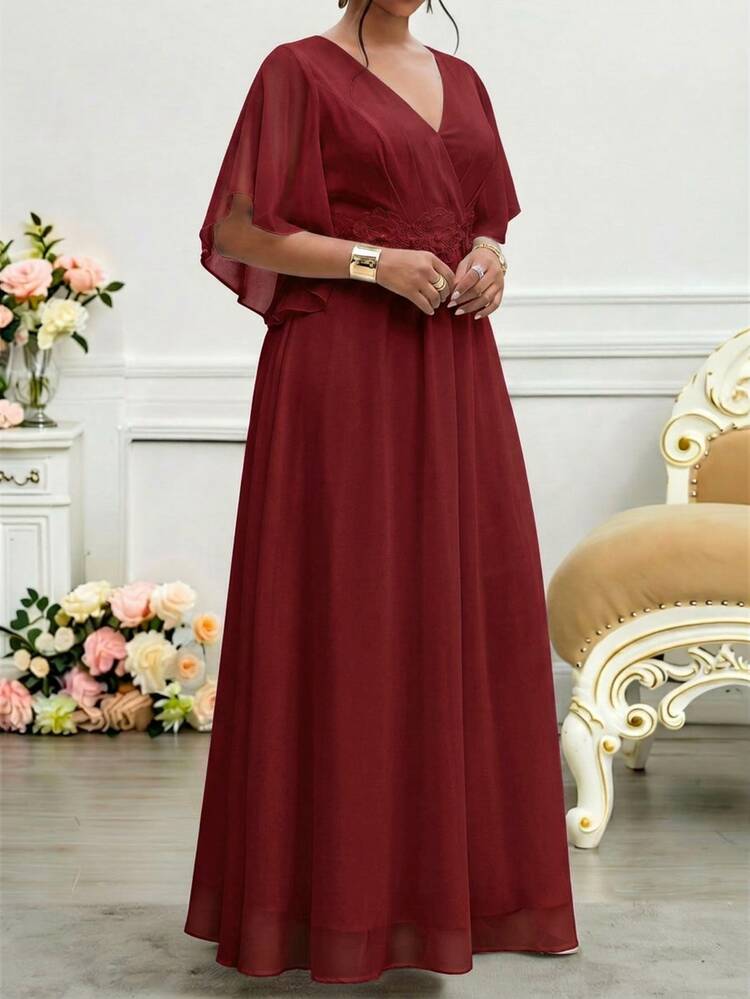Fleurora Wine Red Plus Size Lace 3D Floral Spring/Summer Shiny Curve Dress For Wedding/Evening/Formal Banquet/Cocktail/Party/Graduation/Birthday Party And Other Formal Occasions Fashion Collection - Burgundy - View 6