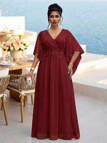 Fleurora Wine Red Plus Size Lace 3D Floral Spring/Summer Shiny Curve Dress For Wedding/Evening/Formal Banquet/Cocktail/Party/Graduation/Birthday Party And Other Formal Occasions Fashion Collection - Burgundy - View 6