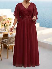 Fleurora Wine Red Plus Size Lace 3D Floral Spring/Summer Shiny Curve Dress For Wedding/Evening/Formal Banquet/Cocktail/Party/Graduation/Birthday Party And Other Formal Occasions Fashion Collection - Burgundy - View 4
