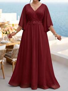 Fleurora Wine Red Plus Size Lace 3D Floral Spring/Summer Shiny Curve Dress For Wedding/Evening/Formal Banquet/Cocktail/Party/Graduation/Birthday Party And Other Formal Occasions Fashion Collection - Burgundy - View 5