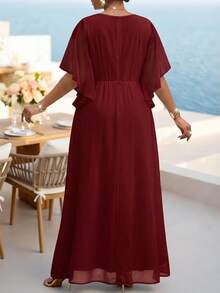 Fleurora Wine Red Plus Size Lace 3D Floral Spring/Summer Shiny Curve Dress For Wedding/Evening/Formal Banquet/Cocktail/Party/Graduation/Birthday Party And Other Formal Occasions Fashion Collection - Burgundy - View 3